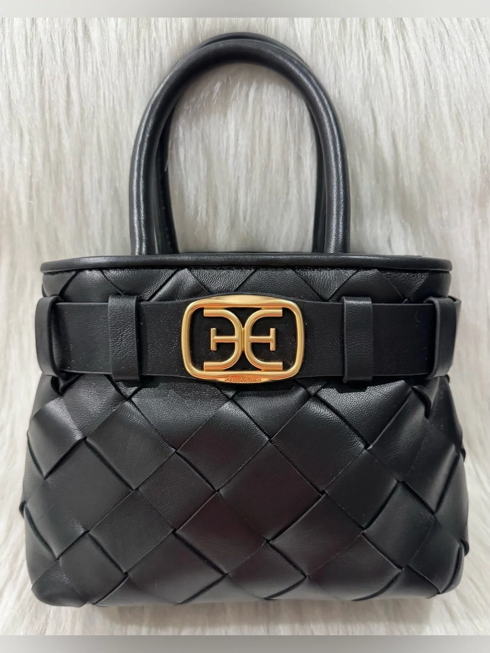 Sam Edelman Cleo Basket Weave Mini Satchel Tote Bag Black Gold Hardware NWT